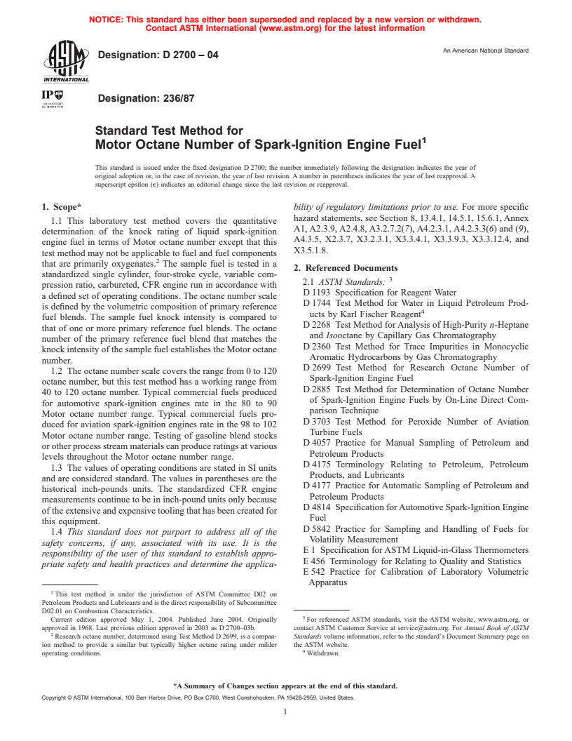 ASTM D2700-04 - Standard Test Method for Motor Octane Number of Spark-Ignition Engine Fuel