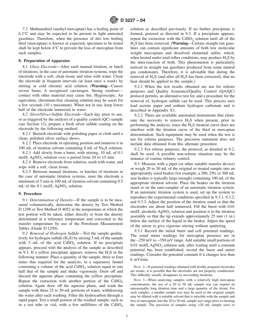 ASTM D3227-04 - Standard Test Method for (Thiol Mercaptan) Sulfur in Gasoline, Kerosine, Aviation Turbine, and Distillate Fuels (Potentiometric Method)