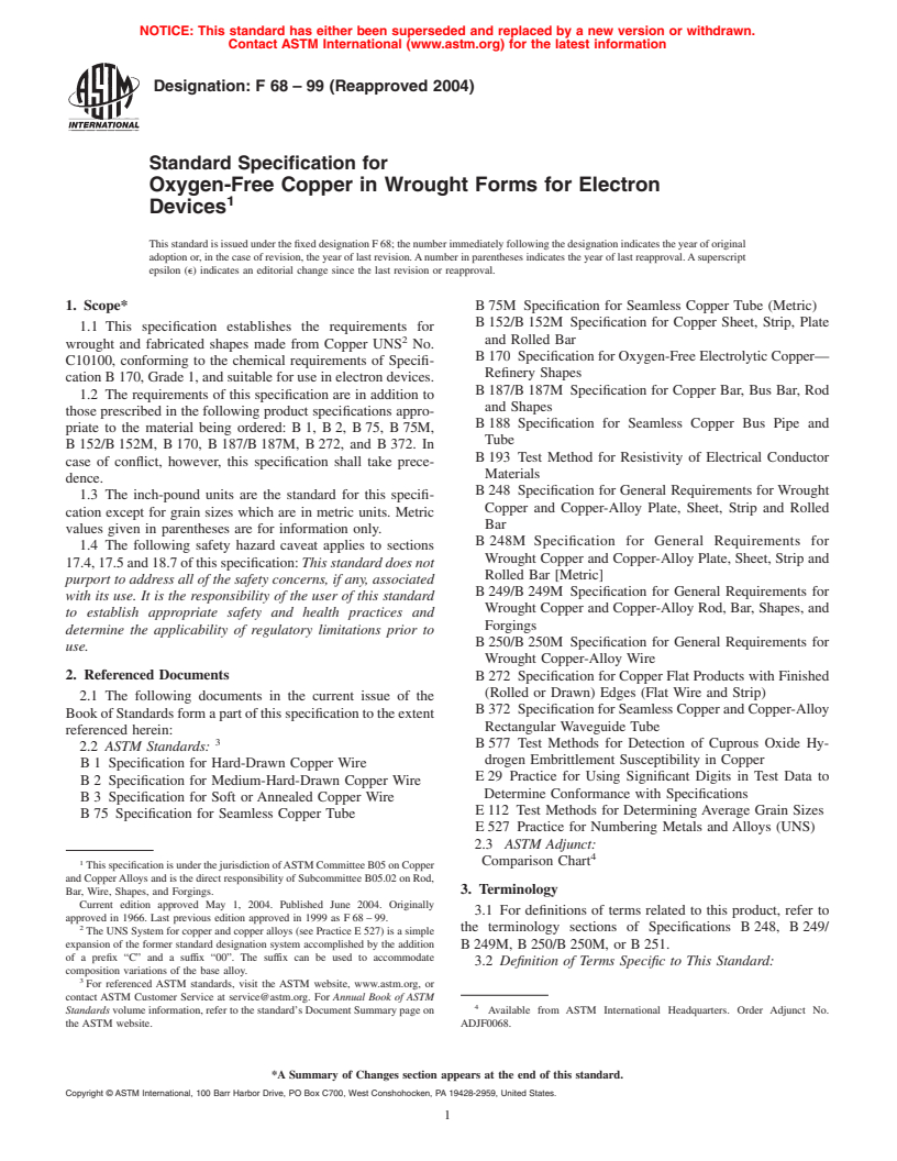 ASTM F68-99(2004) - Standard Specification for Oxygen-Free Copper in Wrought Forms for Electron Devices