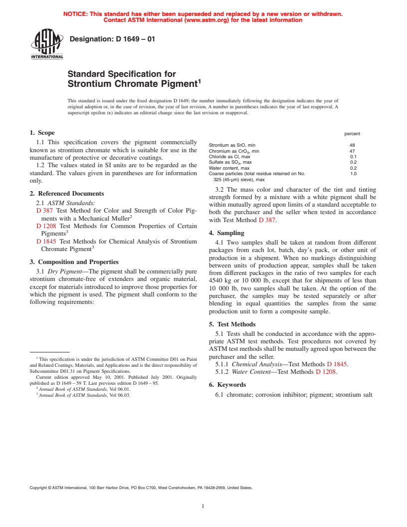 ASTM D1649-01 - Standard Specification for Strontium Chromate Pigment