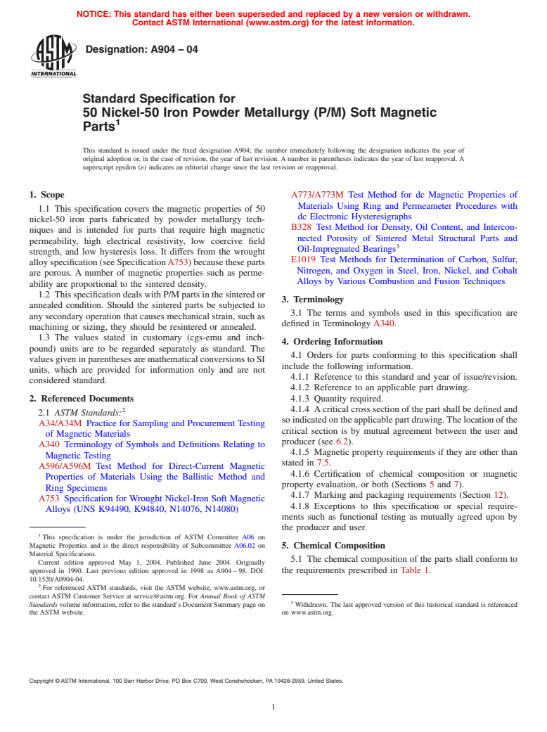 ASTM A904-04 - Standard Specification for 50 Nickel-50 Iron Powder Metallurgy (P/M) Soft Magnetic Parts