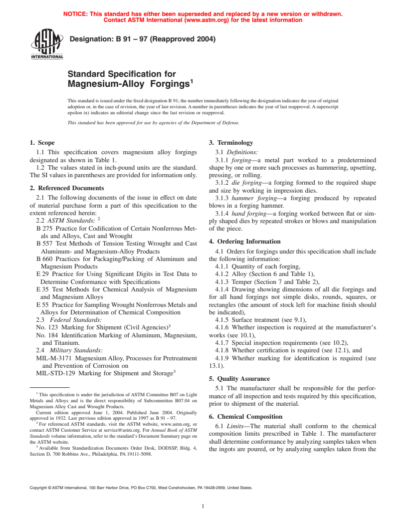 ASTM B91-97(2004) - Standard Specification for Magnesium-Alloy Forgings