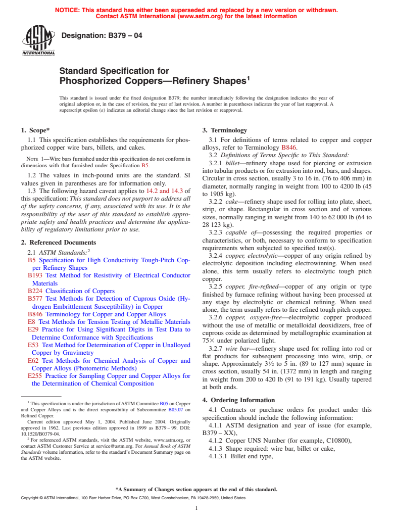 ASTM B379-04 - Standard Specification for Phosphorized Coppers&#8212;Refinery Shapes