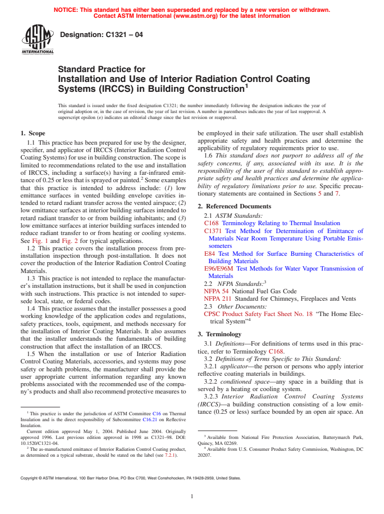 ASTM C1321-04 - Standard Practice for Installation and Use of Interior Radiation Control Coating Systems (IRCCS) in Building Construction