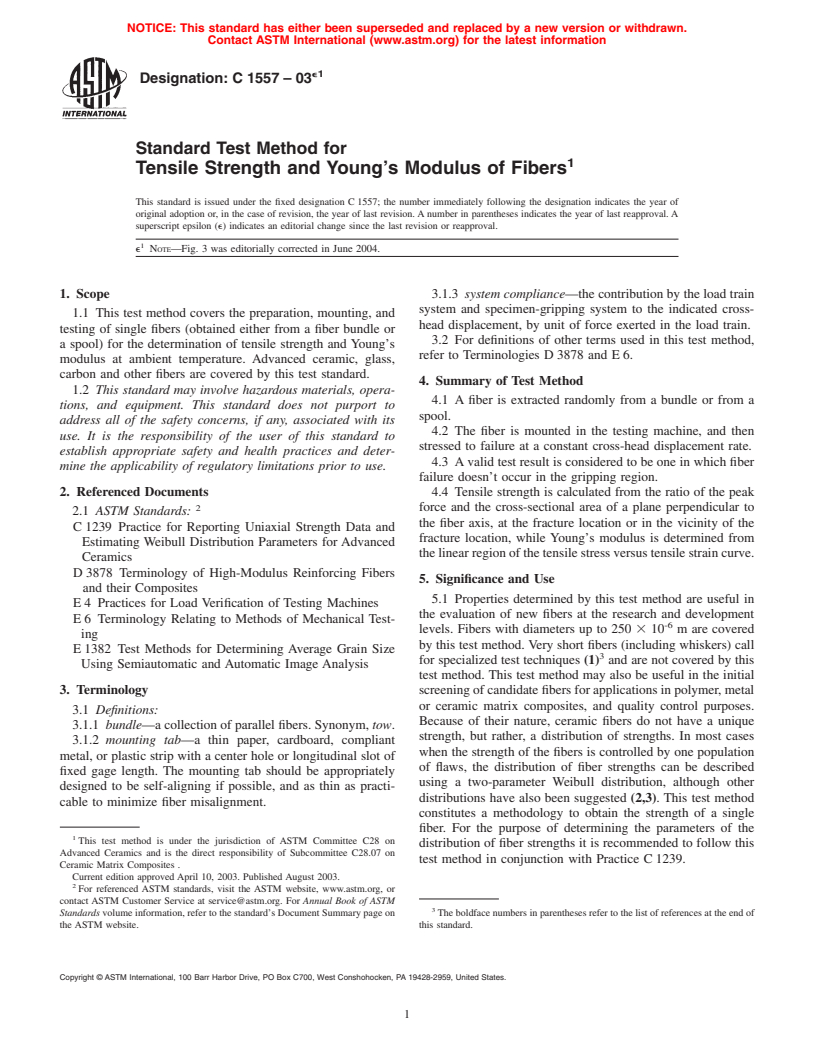 ASTM C1557-03e1 - Standard Test Method for Tensile Strength and Young's Modulus of Fibers