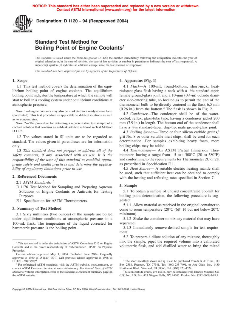 ASTM D1120-94(2004) - Standard Test Method for Boiling Point of Engine Coolants