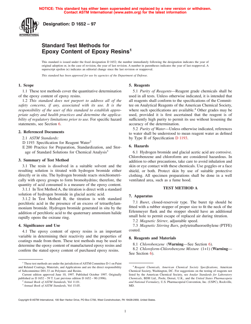 ASTM D1652-97 - Standard Test Methods for Epoxy Content of Epoxy Resins