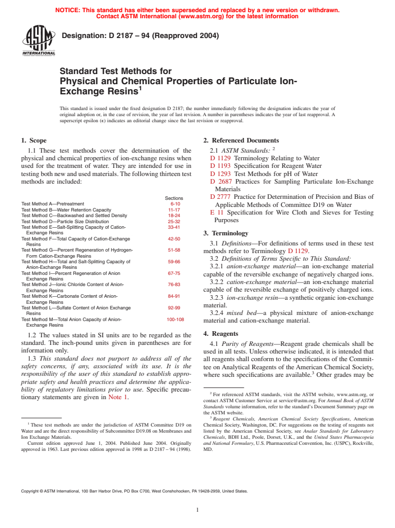 ASTM D2187-94(2004) - Standard Test Methods for Physical and Chemical Properties of Particulate Ion-Exchange Resins