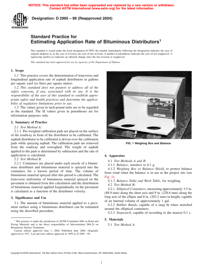 ASTM D2995-99(2004) - Standard Practice for Estimating Application Rate of Bituminous Distributors