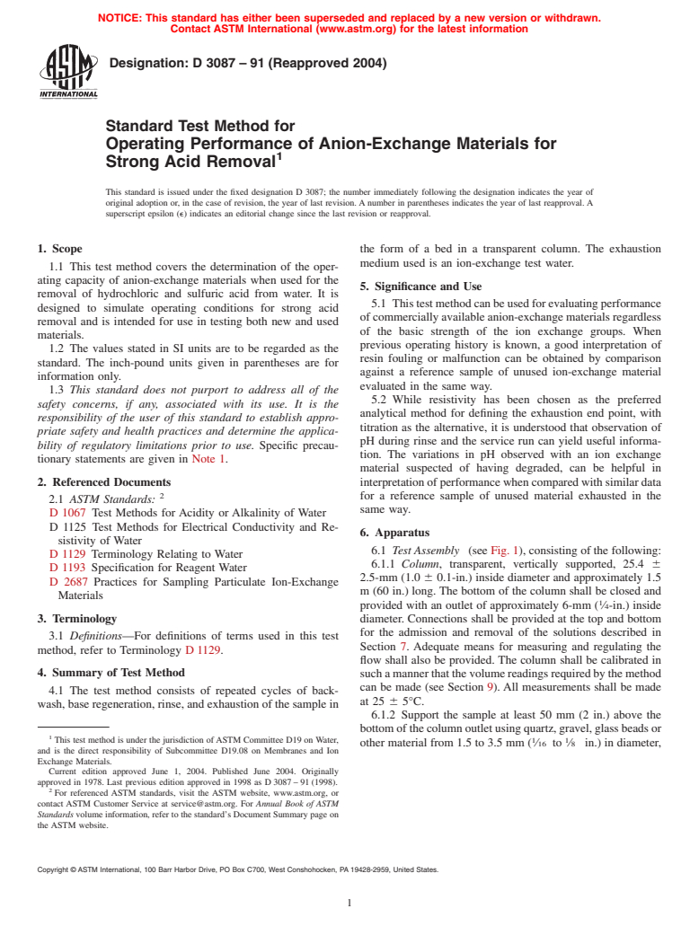 ASTM D3087-91(2004) - Standard Test Method for Operating Performance of Anion-Exchange Materials for Strong Acid Removal