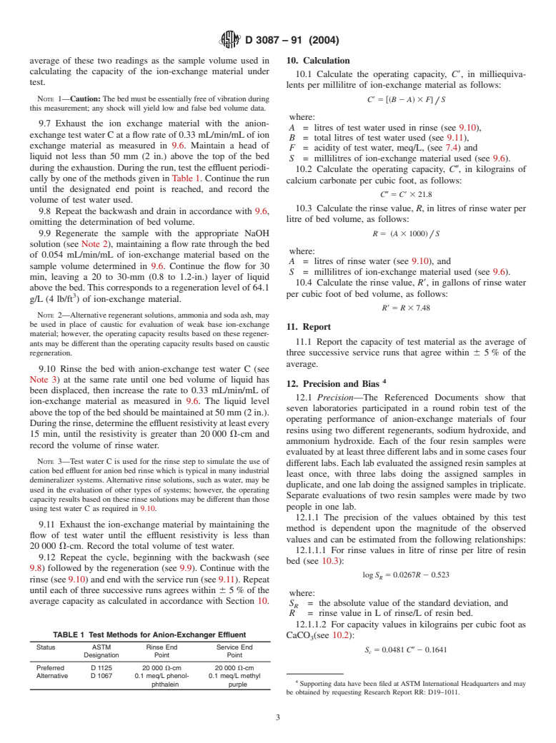 ASTM D3087-91(2004) - Standard Test Method for Operating Performance of Anion-Exchange Materials for Strong Acid Removal