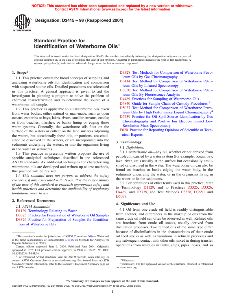 ASTM D3415-98(2004) - Standard Practice for Identificaiton of Waterborne Oils