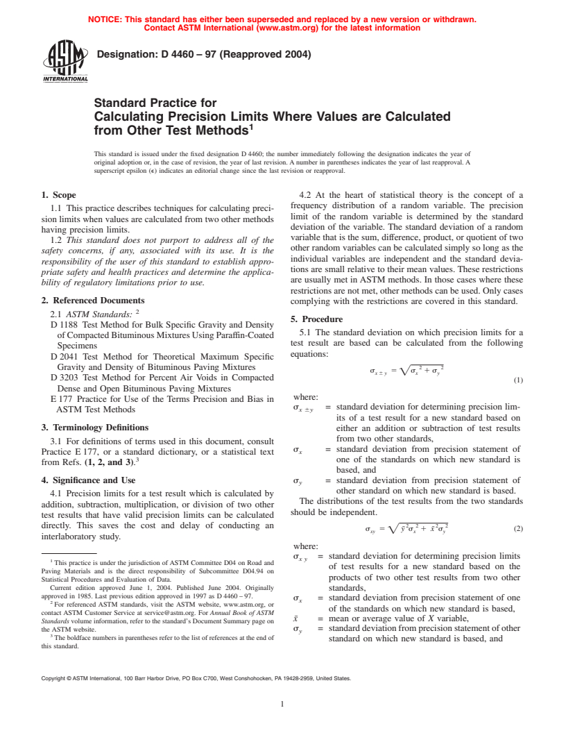 ASTM D4460-97(2004) - Standard Practice for Calculating Precision Limits Where Values are Calculated from Other Test Methods