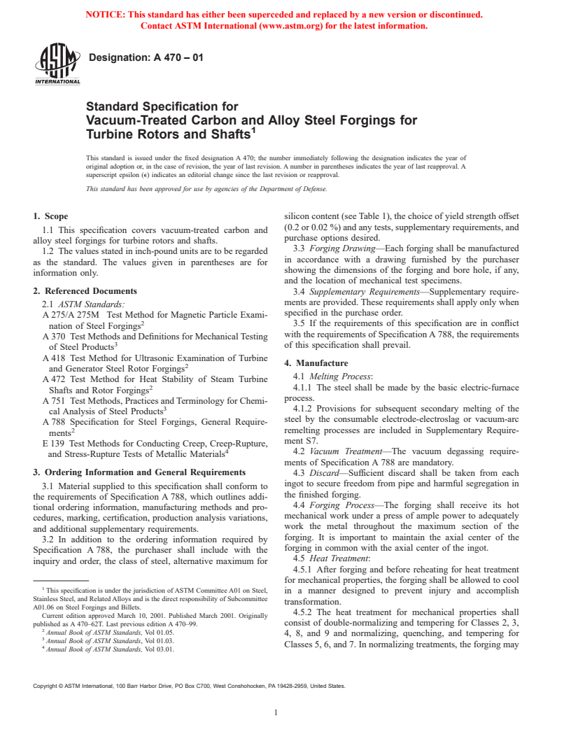 ASTM A470-01 - Standard Specification for Vacuum-Treated Carbon and Alloy Steel Forgings For Turbine Rotors and Shafts