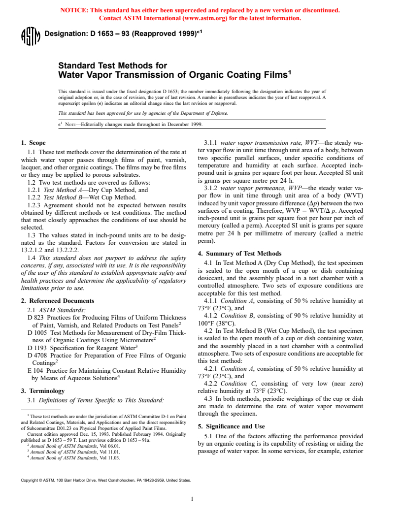 ASTM D1653-93(1999)e1 - Standard Test Methods for Water Vapor Transmission of Organic Coating Films