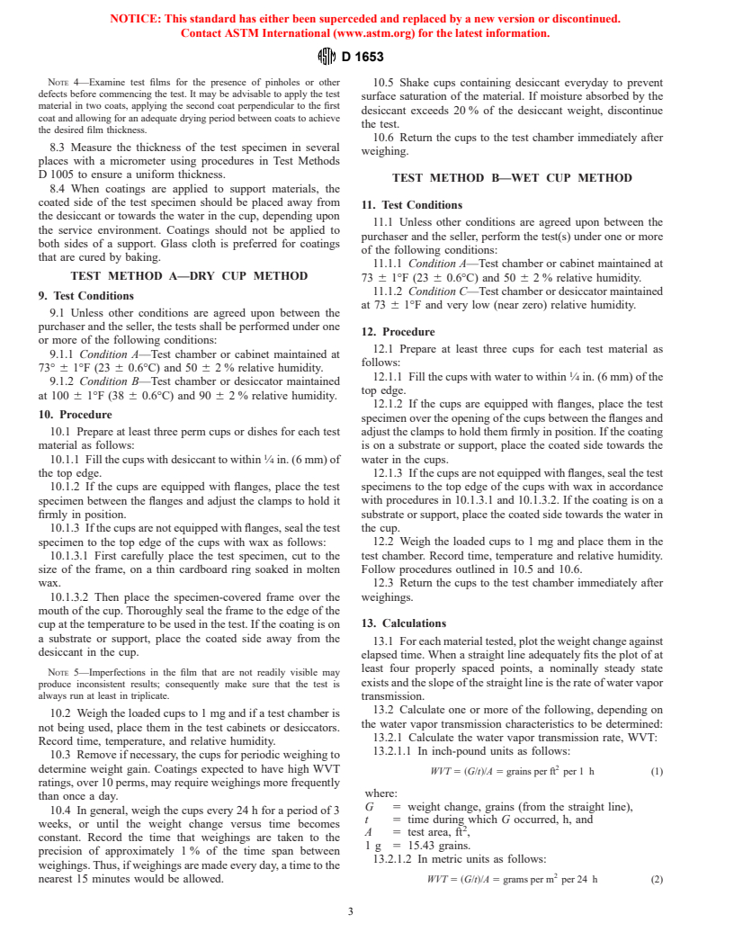 ASTM D1653-93(1999)e1 - Standard Test Methods for Water Vapor Transmission of Organic Coating Films