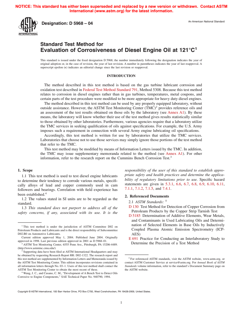 ASTM D5968-04 - Standard Test Method for Evaluation of Corrosiveness of Diesel Engine Oil at 121&#176;C