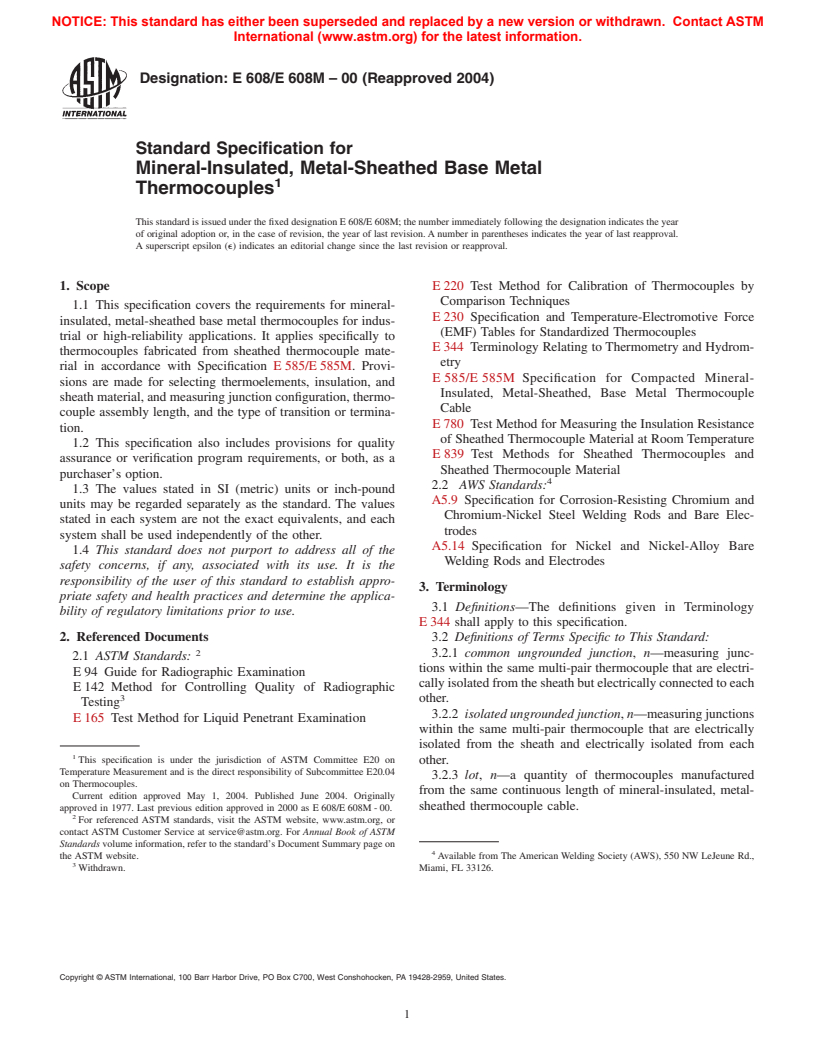 ASTM E608/E608M-00(2004) - Standard Specification for Mineral-Insulated, Metal-Sheathed Base Metal Thermocouples