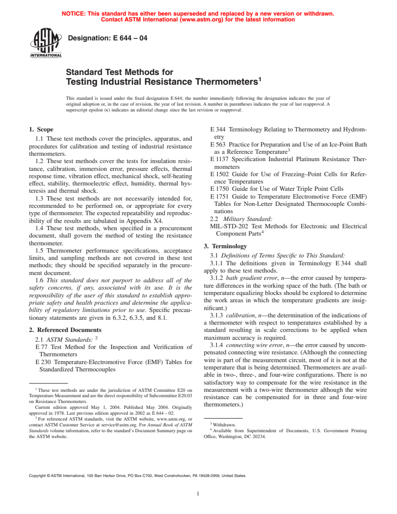 ASTM E644-04 - Standard Test Methods for Testing Industrial Resistance Thermometers