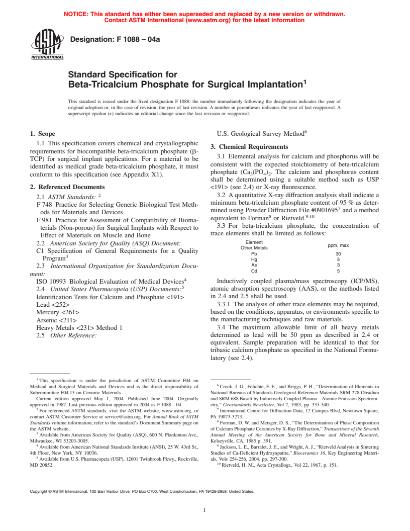 ASTM F1088-04a - Standard Specification for Beta-Tricalcium Phosphate for Surgical Implantation