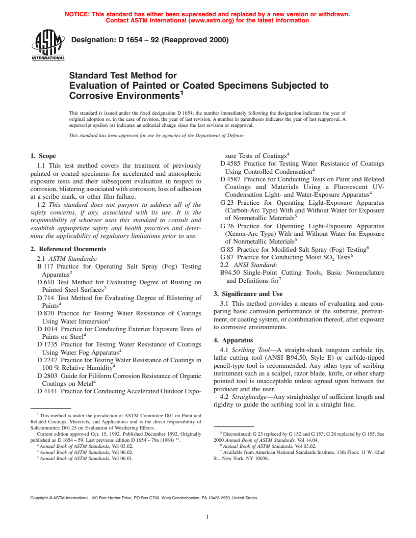 ASTM D1654-92(2000) - Standard Test Method for Evaluation of Painted or Coated Specimens Subjected to Corrosive Environments