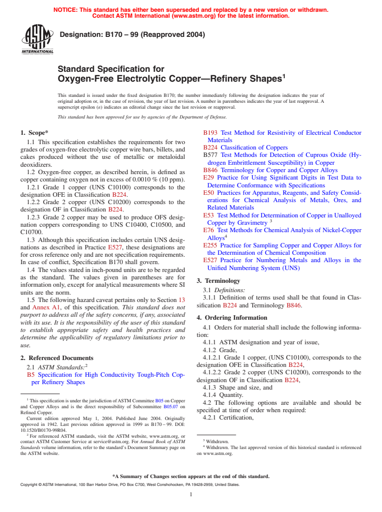 ASTM B170-99(2004) - Standard Specification for Oxygen-Free Electrolytic Copper&#8212;Refinery Shapes