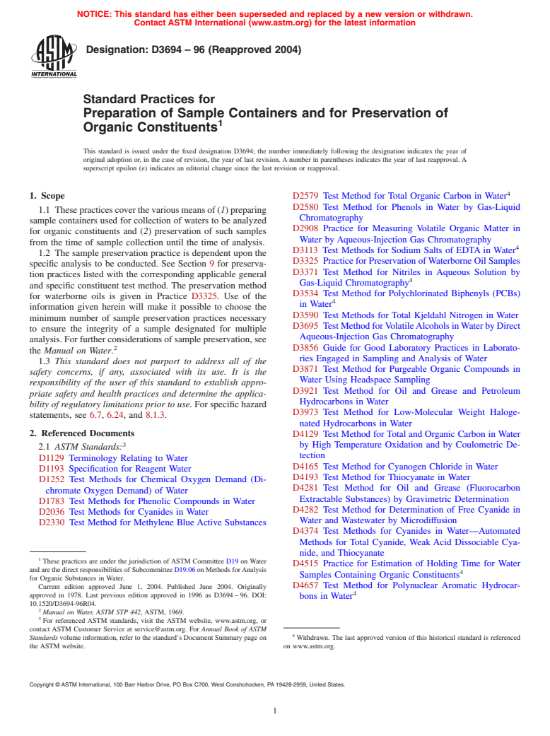 ASTM D3694-96(2004) - Standard Practices for Preparation of Sample Containers and for Preservation of Organic Constituents