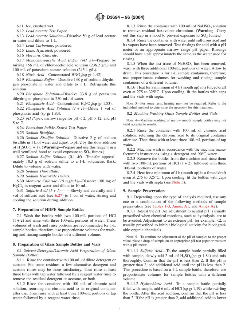 ASTM D3694-96(2004) - Standard Practices for Preparation of Sample Containers and for Preservation of Organic Constituents