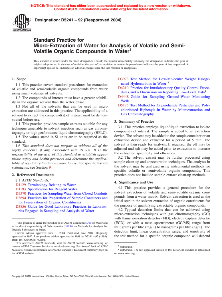 ASTM D5241-92(2004) - Standard Practice for Micro-Extraction of Water for  Analysis of Volatile and Semi-Volatile Organic Compounds in Water