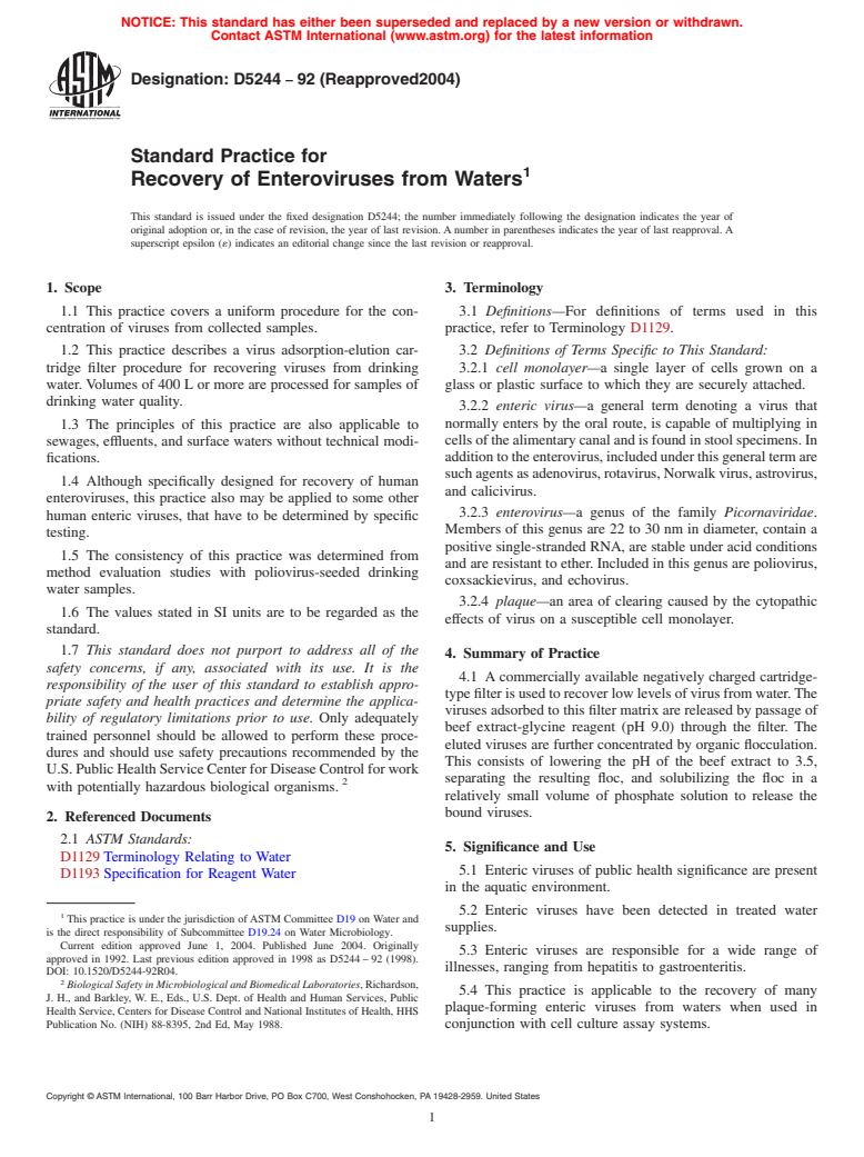 ASTM D5244-92(2004) - Standard Practice for Recovery of Enteroviruses from Waters (Withdrawn 2013)