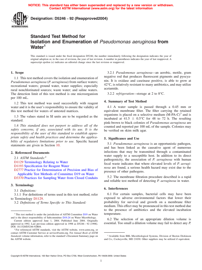 ASTM D5246-92(2004) - Standard Test Method for Isolation and Enumeration of <i>Pseudomonas aeruginosa</i> from Water