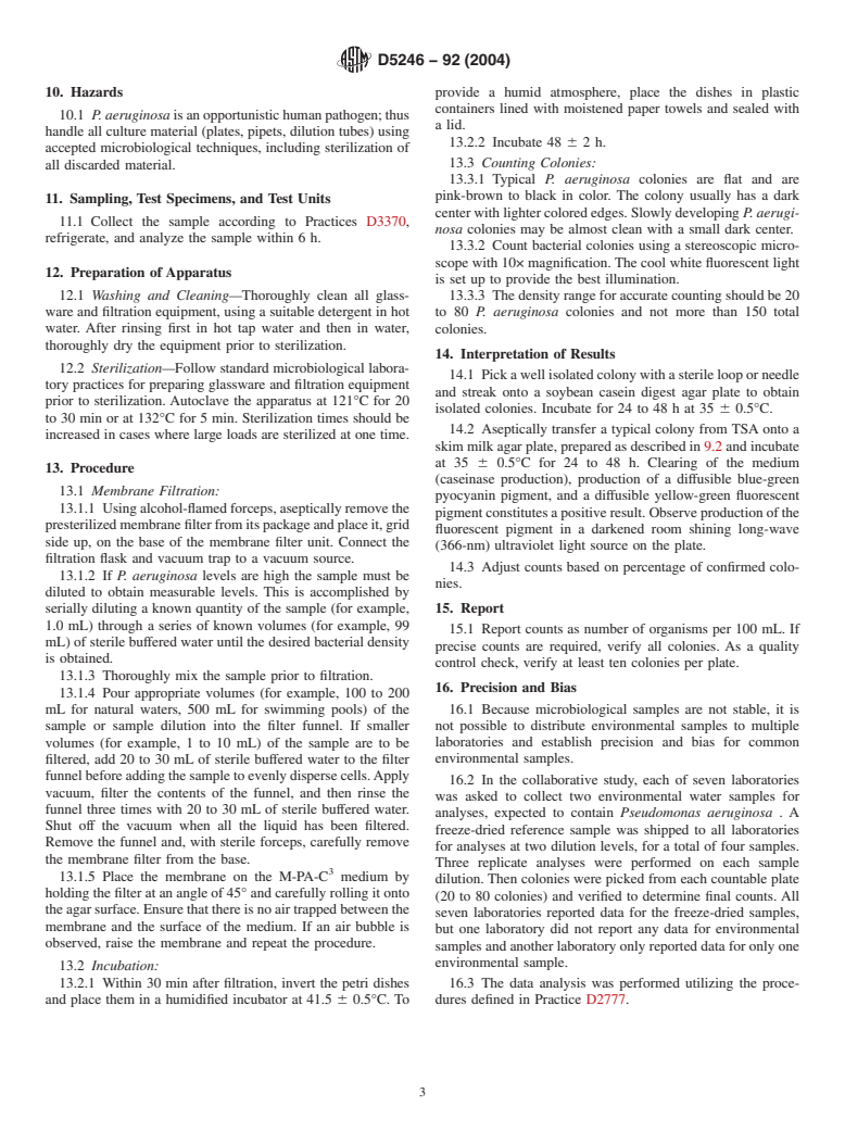 ASTM D5246-92(2004) - Standard Test Method for Isolation and Enumeration of <i>Pseudomonas aeruginosa</i> from Water