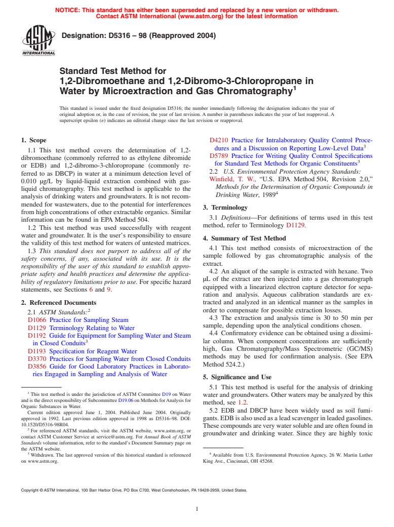 ASTM D5316-98(2004) - Standard Test Method for 1,2-Dibromoethane and 1,2-Dibromo-3-Chloropropane in Water by Microextraction and Gas Chromatography