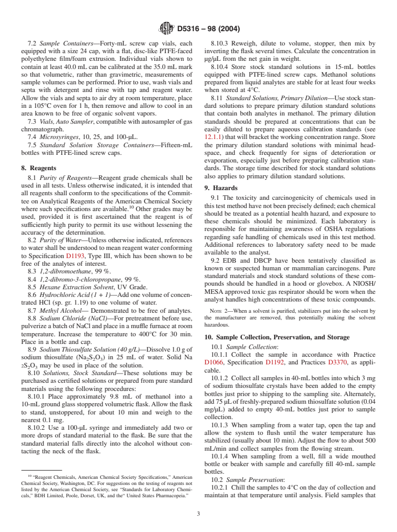 ASTM D5316-98(2004) - Standard Test Method for 1,2-Dibromoethane and 1,2-Dibromo-3-Chloropropane in Water by Microextraction and Gas Chromatography