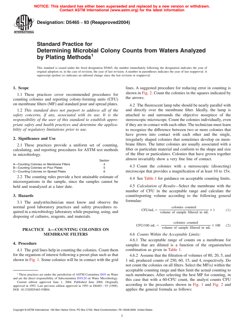 ASTM D5465-93(2004) - Standard Practice for Determining Microbial Colony Counts from Waters Analyzed by Plating Methods