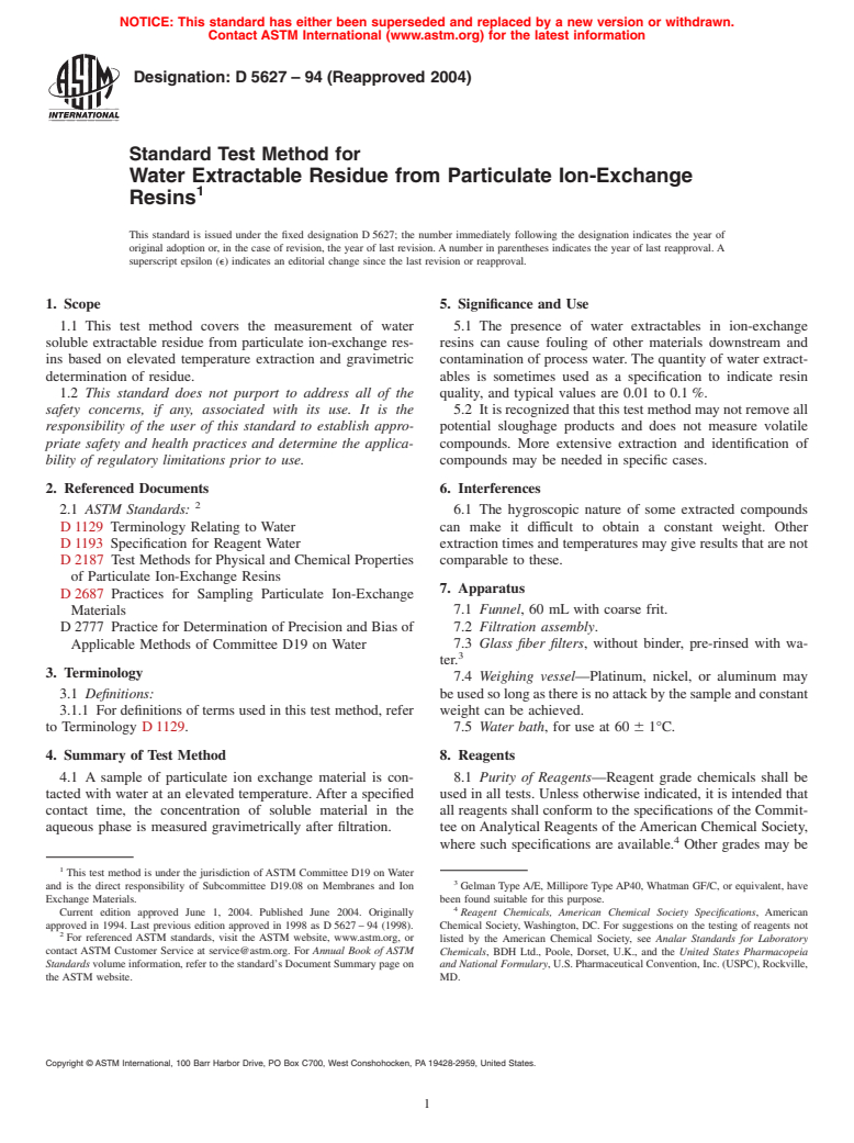 ASTM D5627-94(2004) - Standard Test Method for Water Extractable Residue from Particulate Ion-Exchange Resins