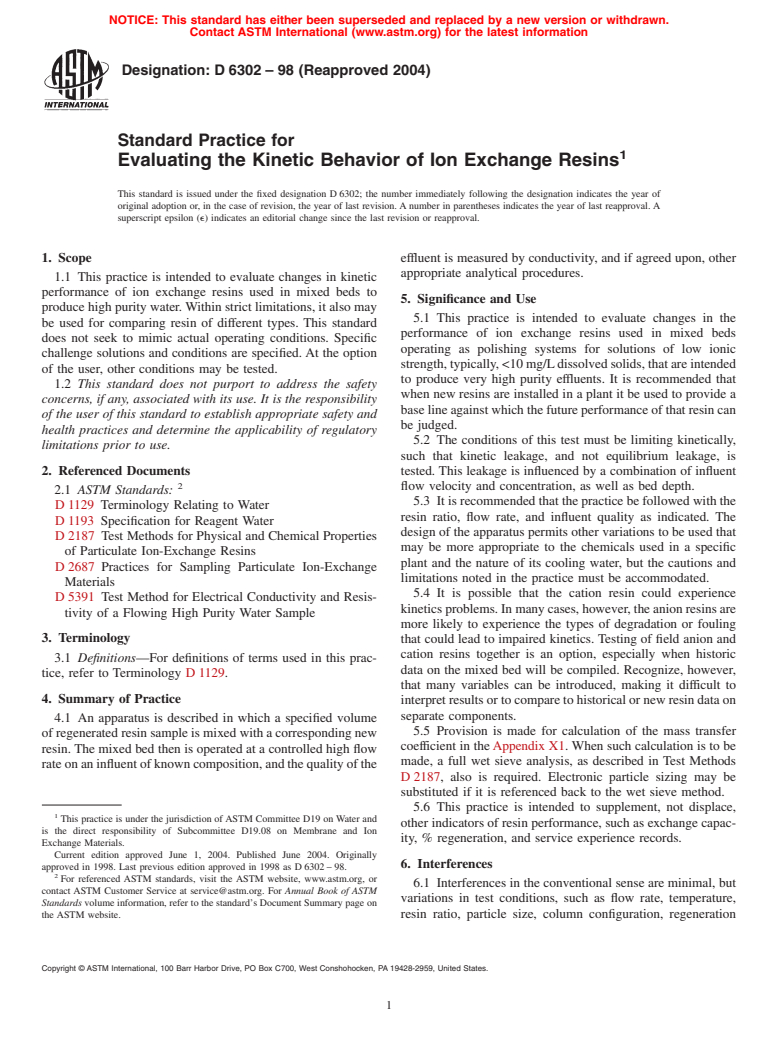 ASTM D6302-98(2004) - Standard Practice for Evaluating the Kinetic Behavior of Ion Exchange Resins