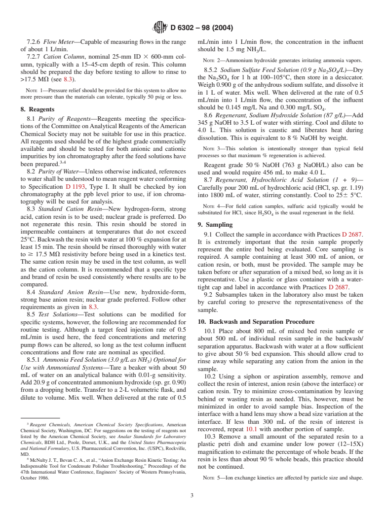 ASTM D6302-98(2004) - Standard Practice for Evaluating the Kinetic Behavior of Ion Exchange Resins