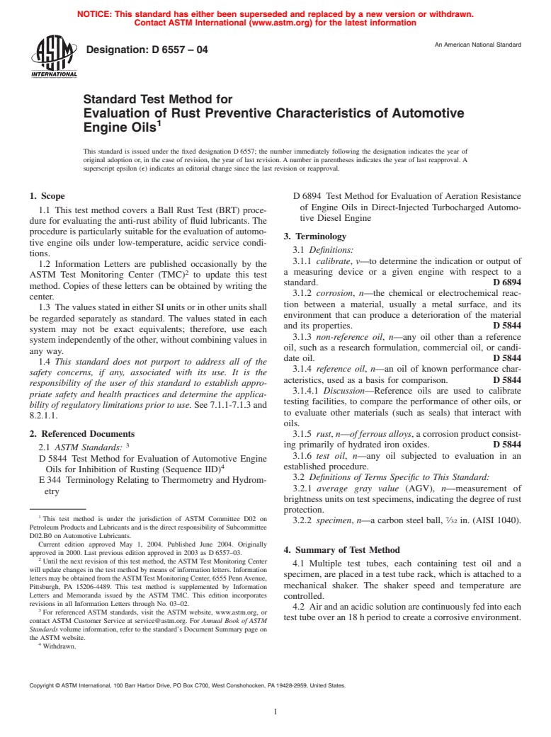 ASTM D6557-04 - Standard Test Method for Evaluation of Rust Preventive Characteristics of Automotive Engine Oils