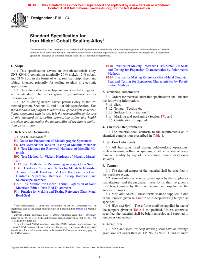 ASTM F15-04 - Standard Specification for Iron-Nickel-Cobalt Sealing Alloy