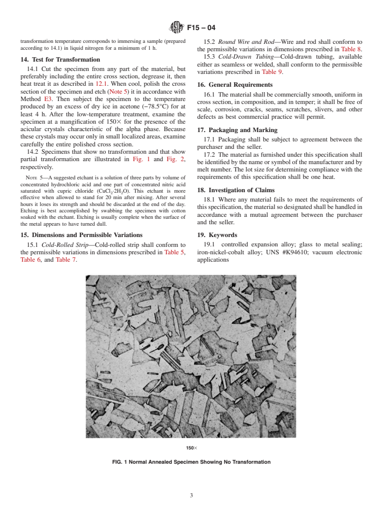 ASTM F15-04 - Standard Specification for Iron-Nickel-Cobalt Sealing Alloy