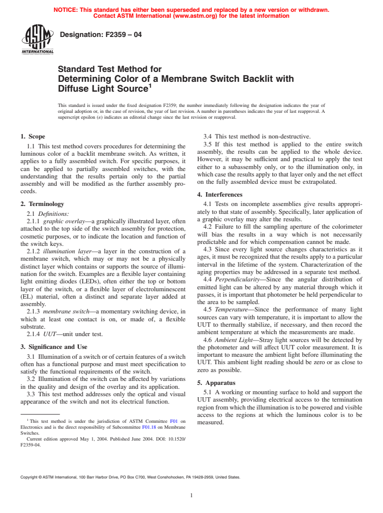 ASTM F2359-04 - Standard Test Method for Determining Color of a Membrane Switch Backlit with Diffuse Light Source