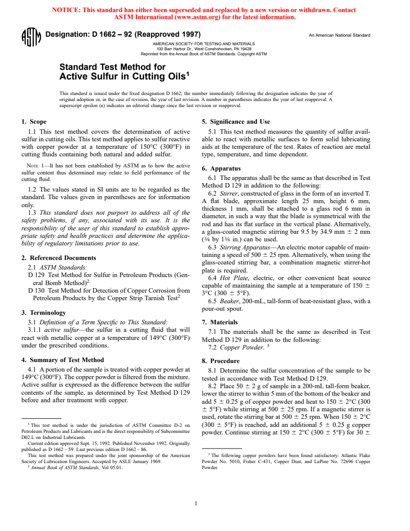 ASTM D1662-92(1997) - Standard Test Method for Active Sulfur in Cutting Oils