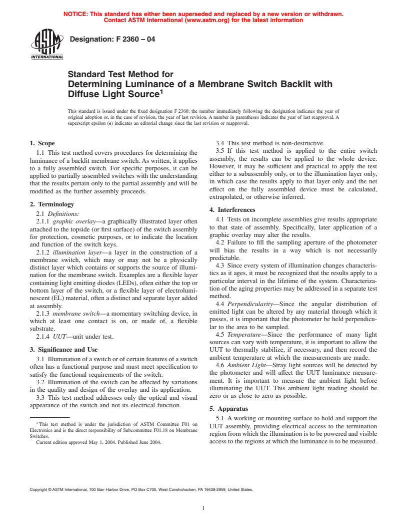 ASTM F2360-04 - Standard Test Method for Determining Luminance of a Membrane Switch Backlit with Diffuse Light Source