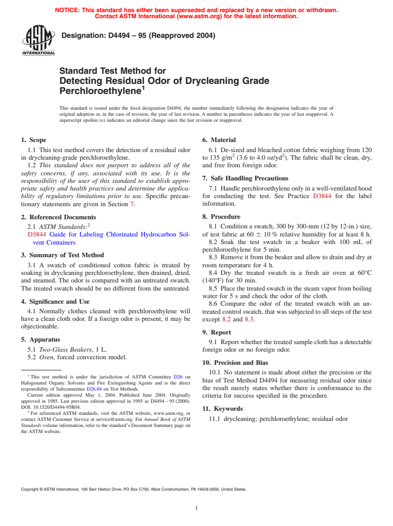 ASTM D4494-95(2004) - Standard Test Method for Detecting Residual Odor of Drycleaning Grade Perchloroethylene