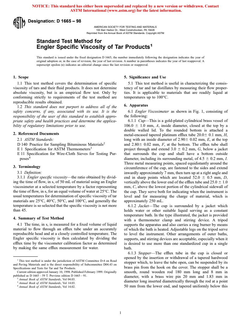 ASTM D1665-98 - Standard Test Method for Engler Specific Viscosity of Tar Products