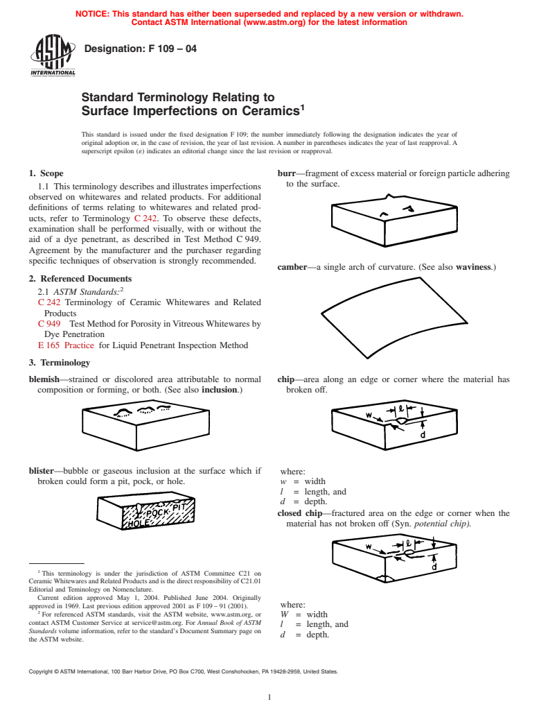 ASTM F109-04 - Standard Terminology Relating to Surface Imperfections on Ceramics