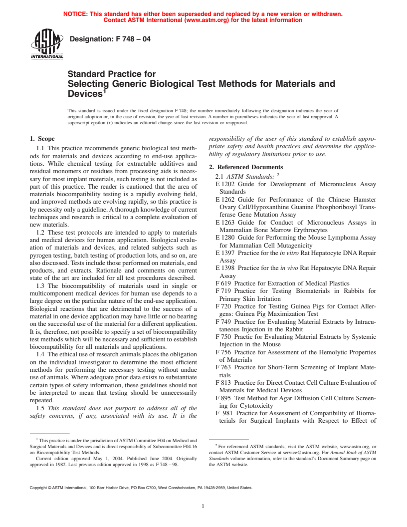 ASTM F748-04 - Standard Practice for Selecting Generic Biological Test Methods for Materials and Devices