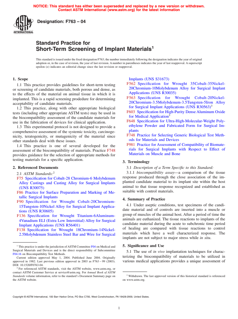 ASTM F763-04 - Standard Practice for Short-Term Screening of Implant Materials