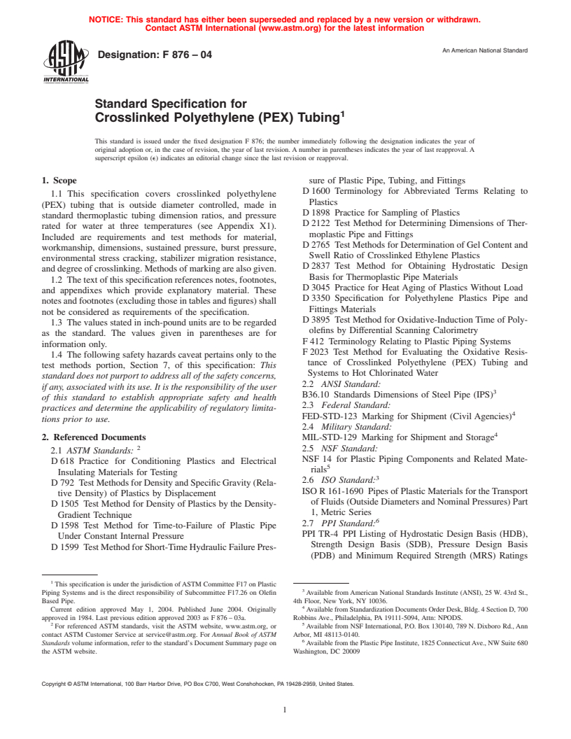 ASTM F876-04 - Standard Specification for Crosslinked Polyethylene (PEX) Tubing